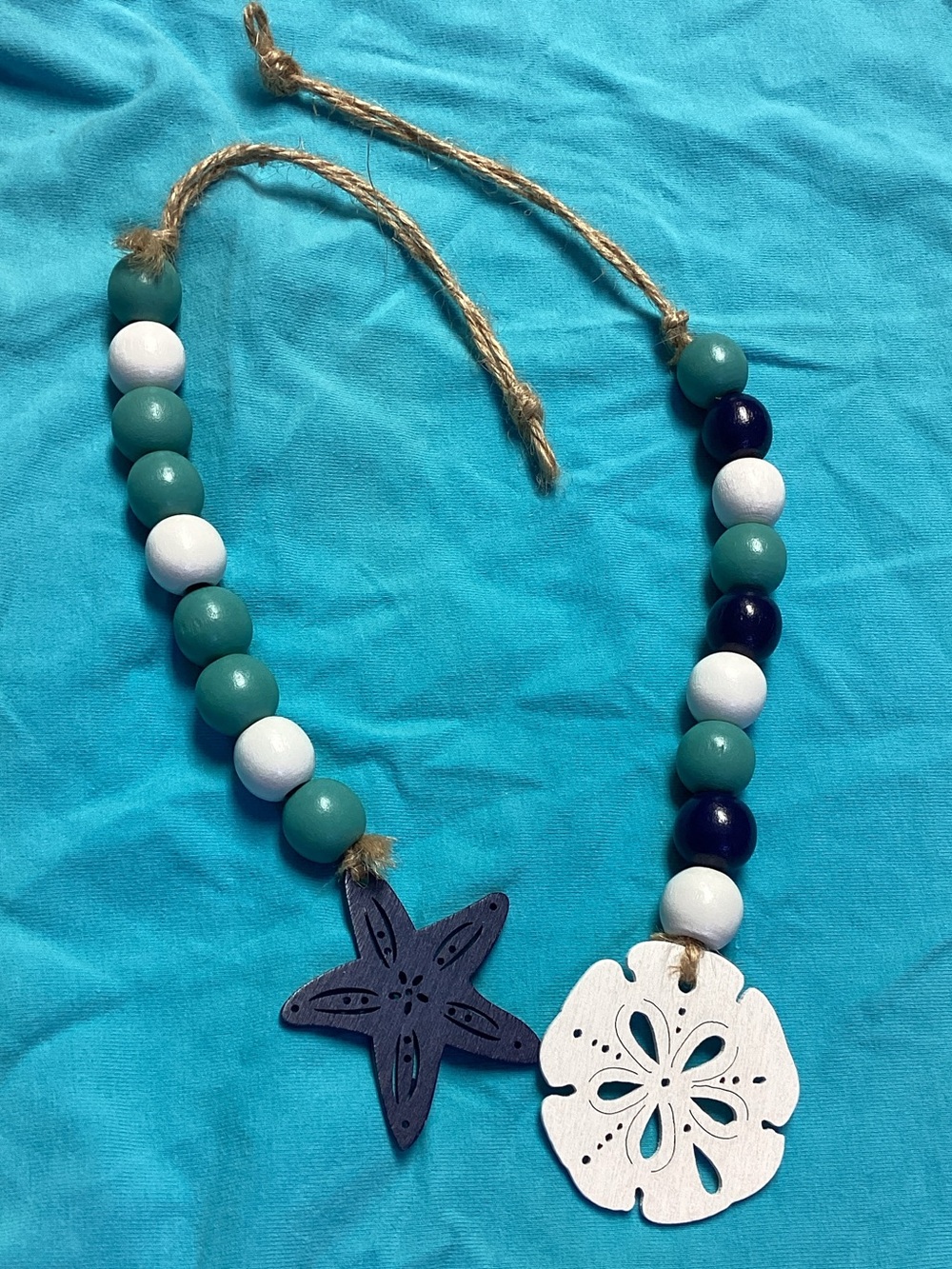 Beaded Teal & White Beach Necklace with Starfish and Sand Dollar Charms